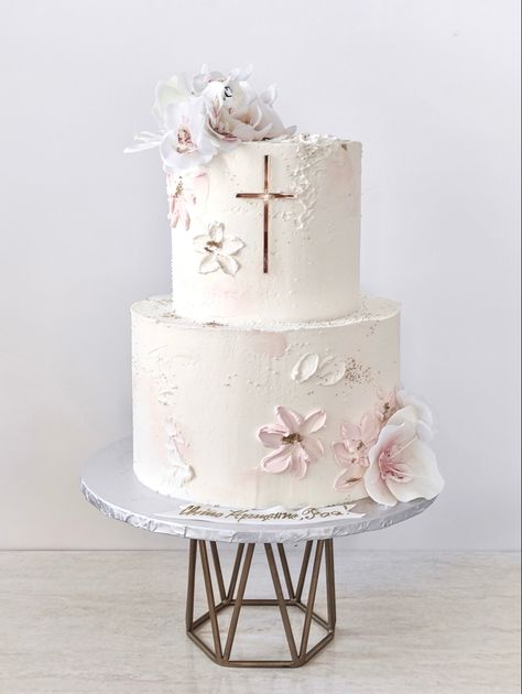 Baptism Cake Girl 2 Tier, Baptism Cake Girl Simple, Girls Communion Cake, Girls Baptism Cake, Baptism Cakes Girl, Baptism Girl Cake, Pink Baptism Cake, Baby Girl Baptism Cake, Christening Cake Girl