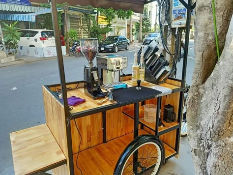 Bike Food Cart Design, Coffee Shop Cart, Gerobak Design Food Carts, Coffee Cart Ideas Business, Mobile Coffee Cart, Gerobak Dorong, Coffee Food Truck, Street Food Design, Bike Food