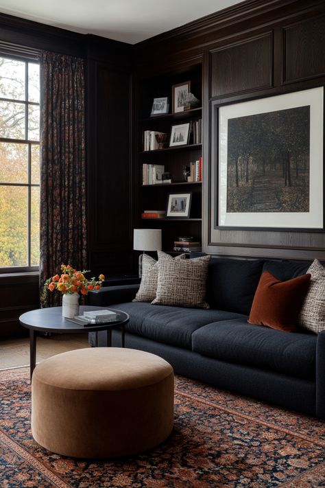 How to Get Your Living Room Both Moody and Neutral – Everyday Inspo Moody Living Room Dark Floors, Speakeasy Living Room Ideas, Moody Interior Paint Colors, Dark Living Room Paint Colors, Dark Moody Rooms, Modern Victorian Fireplace, Moody Traditional Decor, Dark Living Room Furniture, Moody Eclectic Decor