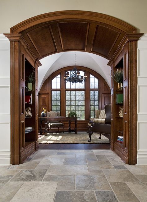 Arched Opening, Archways In Homes, Arched Entry, Getting Work Done, Paneled Library, Arch House, Wood Arch, Structure Architecture, Home Libraries