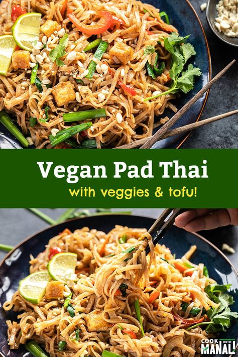 Homemade Vegan Pad Thai Noodles with veggies and tofu! This is one of my favorite weeknight meals, so easy and so much flavor! #vegan #padthai Easy Vegan Pad Thai, Vegetarian Feast, Lenten Meals, Thai Vegan, Tofu Pad Thai, Budget Vegan, Vegan Gourmet, Veggie Mains, Veggie Dinners