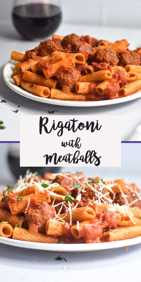 Rigatoni with Vegan Meatballs - Thyme & Love Pasta Vegan Recipes, Beyond Meat Meatballs, Meatball Pasta Recipes, Easy Pasta Recipe, Meatball Pasta, Vegetarian Pasta Recipes, Vegan Meatballs, Vegan Parmesan Cheese, One Pot Pasta Recipes