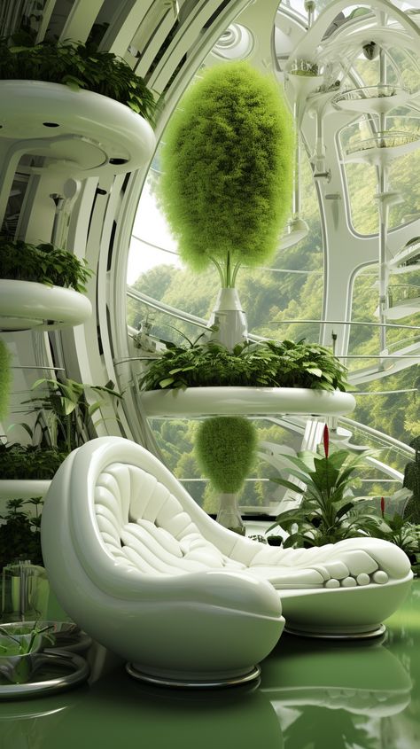 Lush and futuristic interior design full of plants and vegetation Futuristic Plants, Nature Futuristic, Green Futuristic, Lush Interior, Futuristic Garden, Futuristic Apartment, Space Plants, Futuristic Interior Design, Radical Design