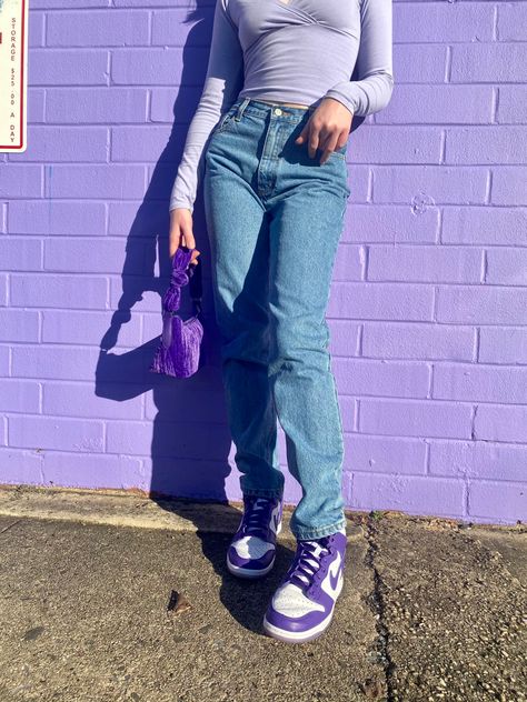 purple, sneakers, clothes, brandy melville, nike dunk Lilac Dunks Outfit, Purple Dunks Outfit, Sb Dunks Outfit, Purple Jordans Outfit, Purple Dunks, Purple Jordans, Purple Shirt Outfits, Hype Store, Nike Dunks Outfit