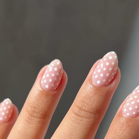 Samantha 🌹 on Instagram: "a break from valentine’s nails for some lil polka dots 🤍  ____  #nails #nailart #nailinspo #almondnails #essie #polkadots" Polk A Dot Nails, White Nails With Polka Dots, White Dot Nails, White Dots Nails, Pokadot Nails Acrylic, White Dots On Nails, Pink Polka Dot Nails, White Polka Dot Nails, Dotty Nails