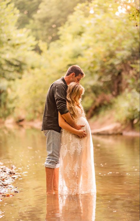 Unique Bump Photos, Maternity Pictures In Water With Husband, Creek Photoshoot Maternity, Stream Maternity Pictures, Maternity Photography September, Maternity Pond Pictures, Maternity Photo Shoot River, Maternity Photography Outside Summer, Maternity Photoshoot In Water