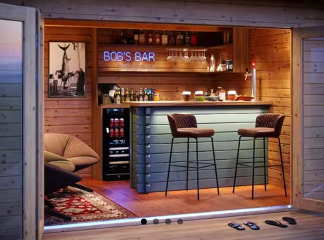 Summerhouse Bar Ideas, Backyard Shed Bar Ideas, Shed Bar Ideas, Garden Pub, Shed Bar, Cabin Bar, Minecraft Basement, Acnh Basement, Bar Shed