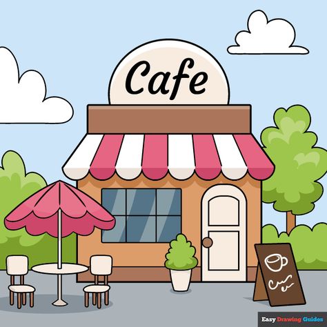 Complete Cafe drawing Cafe Shop Drawing, Cute Cafe Shop, Aesthetic Cafe Shop, Simple Cafe Design, Cafe Dramatic Play, Coffee Shop Drawing, Drawing Cafe, Drawing With Color, Design Coffee Shop