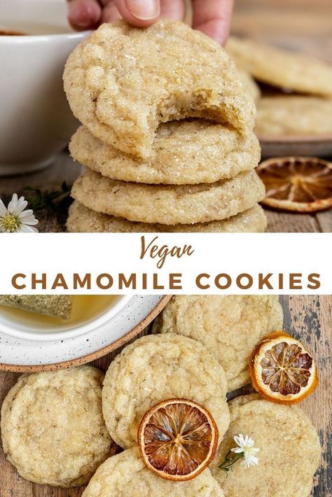 Herbal Cookie Recipes, Chamomile Recipes Food, Vegan Tea Party Desserts, Vegan Tea Cookies, Herbal Food Recipes, Chamomile Dessert, Vegan Cookies Recipes Healthy, Gourmet Vegan Recipes, Herb Desserts