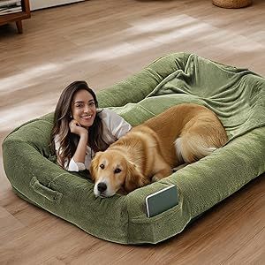 Vacqueen Extra Large Dog Bed, Human Dog Bed for Adult Instead of Foldable Air Mattress, 72"x48"x10" Washable Floor Beds Large Sized Dog Gifts with Handle, Blanket and 4 Storage Pockets, Army Green Floor Beds, Giant Dog Beds, Human Dog Bed, Human Dog, Extra Large Dog Bed, Large Dog Bed, Cama Pet, Foldable Mattress, Crate Mat