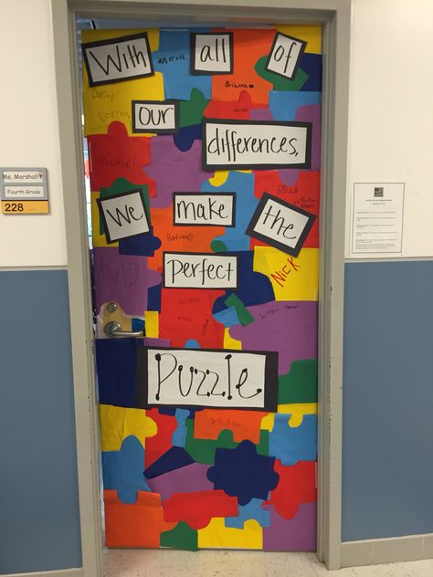 No place for hate door decoration.   "With all of our differences, we make the perfect puzzle" Inclusion Door Decorations Classroom, Puzzle Classroom Door, Puzzle Door Decorations Classroom, Special Education Classroom Door Ideas, Special Education Door Decorations, Puzzle Theme Classroom, Special Ed Door Decoration, Puzzle Bulletin Board Ideas, Classroom Door Decoration Ideas