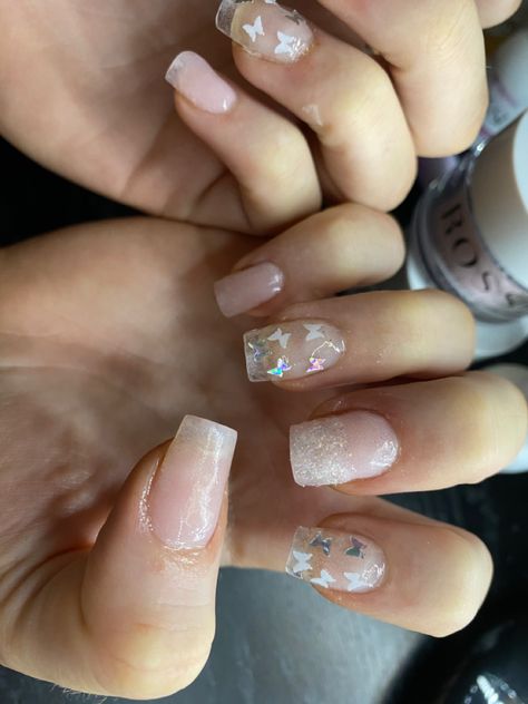 Light Pink and Transparent Nails With Silver And White Butterflies Sparkly Nude Nails, Butterfly Acrylic Nails, Butterfly Overlay, Nails With Silver, Wedding Butterfly, Overlay Nails, White Butterflies, Butterfly Nails, Transparent Nails