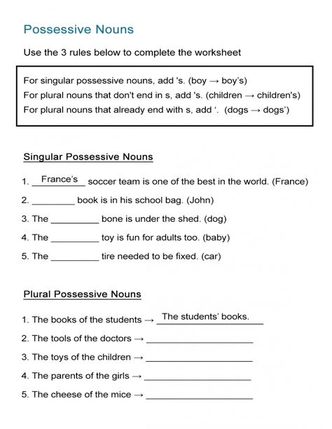 Possessive Nouns Worksheet: Singular and Plural Nouns - ALL ESL Possessive Nouns Worksheet, Singular Possessive Nouns, Nouns Exercises, Plural Possessive Nouns, Helping Verbs Worksheet, Plural Nouns Worksheet, Singular And Plural Nouns, Possessive Nouns, Singular Nouns