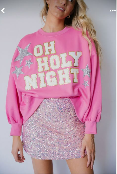 Cropped Christmas Sweater, Pink Christmas Outfits, Star Patches, Judith March, Oh Holy Night, Pink Pullover, Christmas Products, Holy Night, White Letters