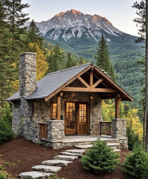 Small Stone Cottage, Small Stone House, Log Cabin Exterior, Stone Cabin, Mountain Home Exterior, Hut House, Log Cabin Rustic, Small Log Cabin, Cabin In The Mountains