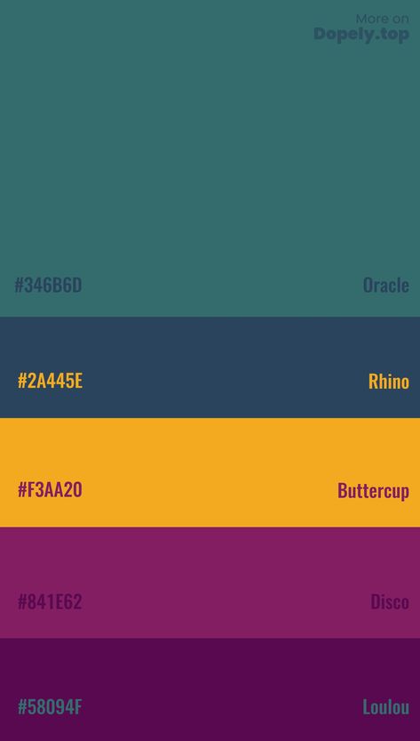 Color Palette Inspiration with this Hex codes: #58094F #841E62 #F3AA20 #2A445E #346B6D #dopely #colorpalette Pantone Colors Hex Code, Color Schemes Colour Palettes Hex Codes, Bright Color Schemes With Hex Codes, Color Pallet With Hex Code, 6 Color Palette Hex Code, Retro Color Palette Hex Codes, 6 Colors Palette, Neon Color Palette Hex Codes, Chaotic Color Palette