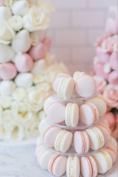 Pink And White Macarons, White Macarons, Pink Macarons, Pastel Garden, Macaron Tower, Raspberry Buttercream, Shower Balloons, French Macaron, Hens Party