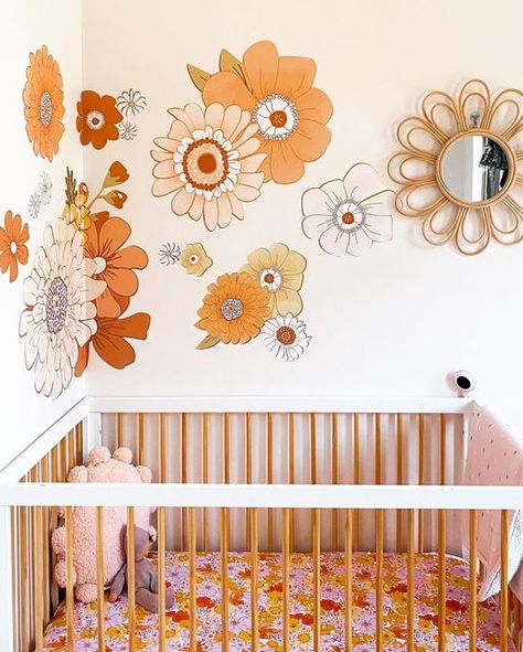 Nursery Ideas Retro, 70s Nursery Theme, Eclectic Nursery Girl, Flower Child Nursery, Retro Flower Nursery, 70s Floral Nursery, 70s Nursery, 70’s Theme Nursery, Boho Flower Child Room Theme