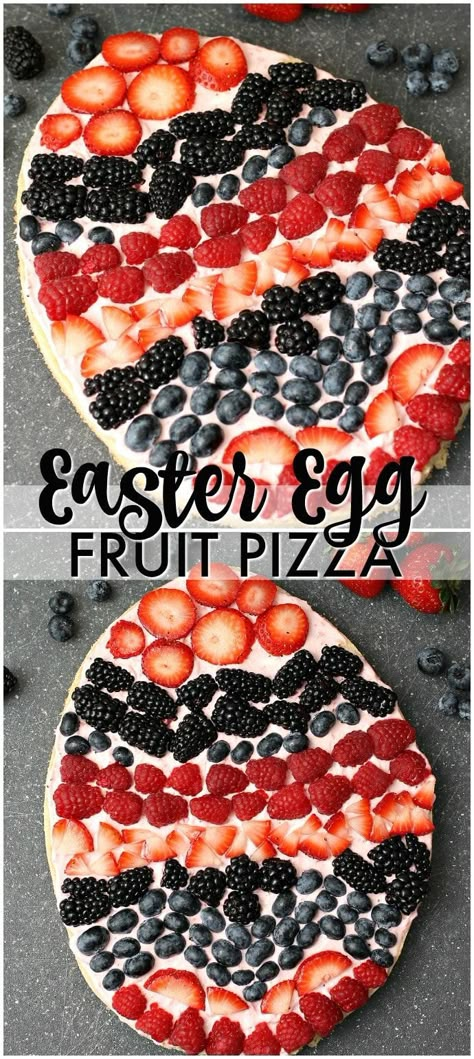 A sugar cookie base with a strawberry cream cheese frosting topped with fresh berries makes the perfect Easter Egg Fruit Pizza. Fun to decorate with the kids! | www.persnicketyplates.com Egg Fruit Pizza, Easter Egg Fruit Pizza, Egg Fruit, Pizza Sugar Cookie, Pizza Dessert, Strawberry Cream Cheese Frosting, Fruit Pizza Sugar Cookie, Pastas Recipes, Easy Easter Desserts