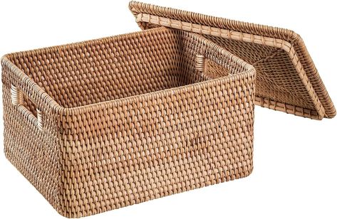 Amazon.com: FIYAMMY Rattan Basket With Lid, Large Lidded Basket For Storage Square Rattan Box(17.32" L×13.39"W×11.81"H) : Home & Kitchen Shelf Baskets, Lidded Basket, Bathroom Baskets, Square Baskets, Basket With Lid, Basket Shelves, Rattan Basket, First Home, Storage Baskets