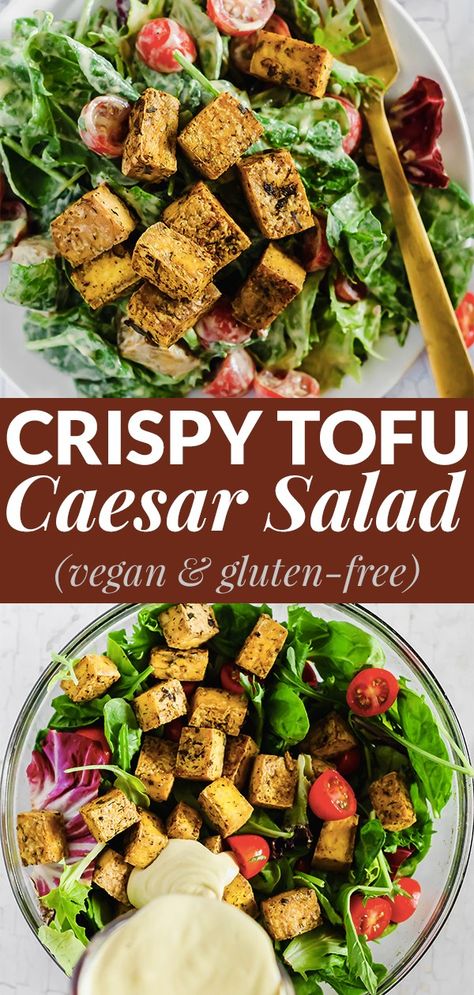 No more sad salads! This Crispy Tofu Caesar Salad is a dairy-free version of the classic dish with a tangy cashew dressing and baked tofu cubes. Serve it as a side or enjoy it for a meal. Vegan & gluten-free! #emilieeats #saladrecipes #vegansidedish #veganthanksgiving #vegancesarsaladrecipe Cashew Dressing, Tofu Cubes, Vegan Caesar Salad, Vegan Caesar, Tofu Vegan, Tofu Salad, Tofu Dishes, Crispy Tofu, Baked Tofu