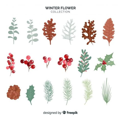 Winter flower collection | Free Vector #Freepik #freevector Candle Sketch, Mug Noel, Christmas Wreath Bows, Christmas Pine Cones, Winter Leaves, Christmas Plants, Leaf Illustration, Winter Illustration, Winter Watercolor