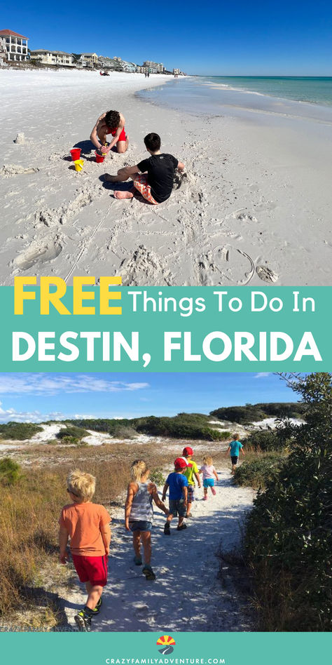 Kids playing on the beach. Kids hiking in Destin. Text reads: FREE things to do in Destin Florida. Crab Island, Destin Florida Vacation, Florida Travel Guide, Okaloosa Island, American Holidays, Travel America, Destin Florida, Usa Travel Destinations, Free Things To Do