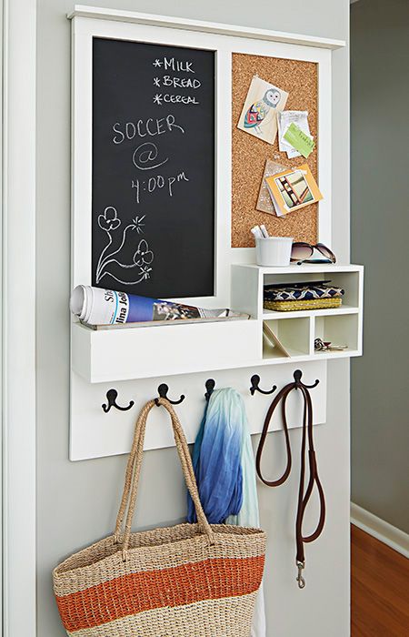 Capture mail, bags, and keys in this entry center Key Holder Diy, Wand Organizer, Diy Chalkboard, Household Organization, Family Organizer, Command Center, Cork Board, Mud Room, Creative Home