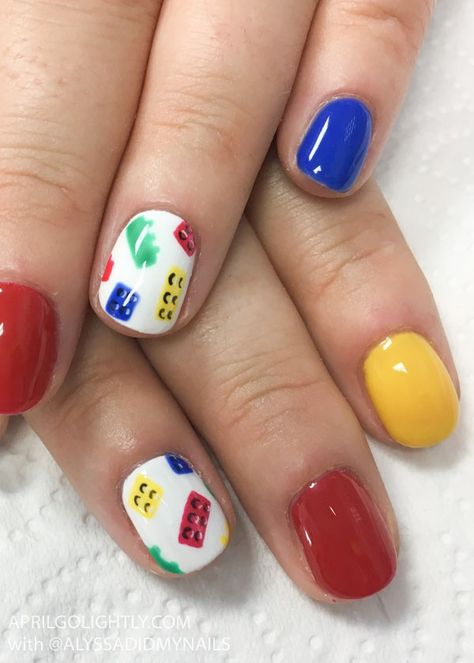 Legoland Park Nails Art Design primary color lego nail art Mermaid Nail Designs, Lego Nails, Watermelon Nail Designs, Teacher Nails, Chevron Nail Art, Watermelon Nail Art, Fruit Nail Designs, Camo Nails, Fruit Nail Art