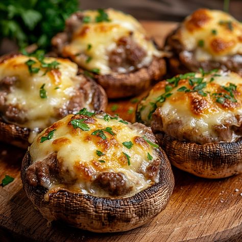 Venison stuffed mushrooms are a savory and elegant appetizer that’s sure to impress. Brie And Mushrooms, Sides For Venison, Venison Stuffed Mushrooms, Venison Cube Steak Recipes, Air Fryer Venison, Venison Appetizers, Venison Cube Steak, Jimmy Dean Sausage Recipes, Air Fryer Stuffed Mushrooms