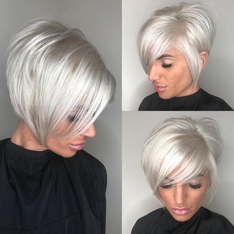 Pearl+White+Pixie+Bob...........love this color High Stacked Bob Haircut, Long Layered Pixie Haircut Fine Hair, Medium Stacked Haircuts, Bob Haircut Back View, Silver Pixie, Short Stacked Haircuts, Platinum Blonde Bobs, Kort Bob, Stacked Haircuts