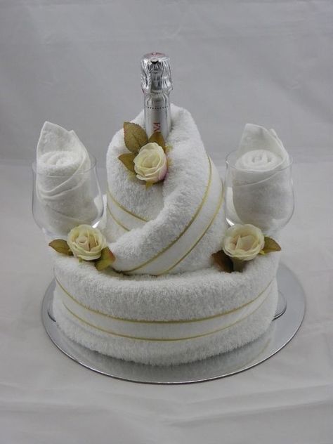 Kitchen Towel Cakes, Wedding Towel Cakes, Towel Origami, Bridal Shower Champagne, Towel Cake, Auction Baskets, Towel Cakes, Bridal Shower Gifts For Bride, Raffle Baskets