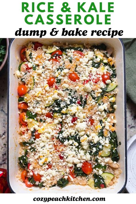 Zucchini, tomatoes, and kale combine with seasoned rice in this easy dump & bake veggie rice casserole. This vegetarian bake is great for weeknight dinners and requires just 15 minutes of active time! Creamy Baked Broccoli With Tomato And Kale, Veggie Rice Bake, Veggie Rice Casserole, Kale Casserole, Vegetarian Casseroles, Vegan Casseroles, Veggie Rice, Allergy Recipes, Vegetable Casserole Recipes