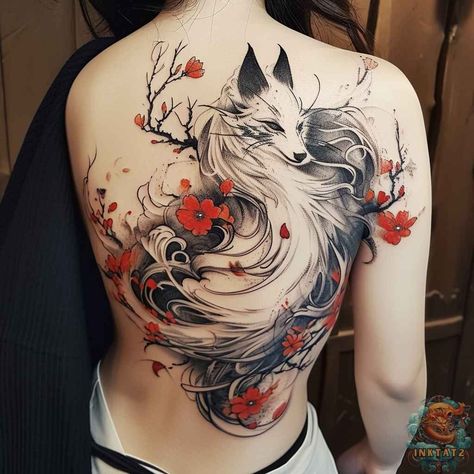 86 unique and beautiful kitsune tattoo designs featuring the legendary Japanese fox spirit. #kitsunetattoo #foxtattoo . #Kitsune_Arm_Tattoo #Tattoo_Design_For_Legs_Women #Nine_Tailed_Fox_Tattoo_Design #Cute_Kitsune_Tattoo Japanese Art Symbols, Kitsune Tattoo Ideas, Fox Back Tattoo, Dryad Tattoo, Japanese Kitsune Tattoo, Kitsune Tattoo Design, Japanese Fox Spirit, Japanese Art Tattoo, Kitsune Tattoo