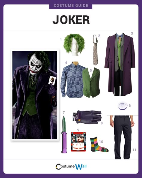 Dress like the Joker from the Batman movies. Get cosplay inspiration and a DIY costume guide for Batman's nemesis, the Joker. Dark Knight Joker Costume, Diy Joker Costume, The Joker Costume, Female Joker Costume, Joker Dress, 3 Jokers, Joker Outfit, Joker Halloween Costume, Batman Movies