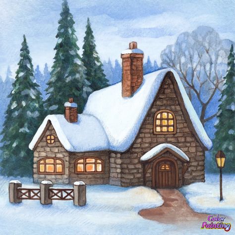 Scene Drawing Ideas, Christmas Scene Drawing, House In Snow, Village Drawing, Winter Drawings, Christmas Canvas Art, House Cartoon, Christmas Paintings On Canvas, 2023 Art