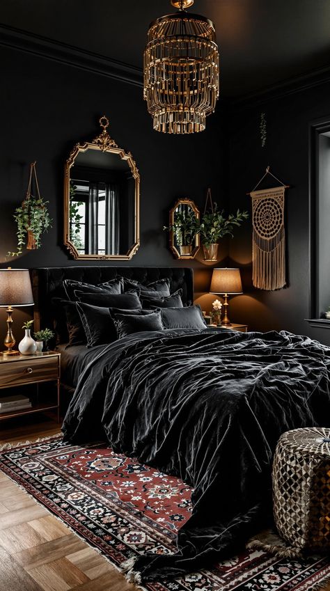 Black Boho Bedroom Ideas Black And Jewel Tone Bedroom, Black Bed Comforters, Black And Gold Boho Bedroom, Black Bohemian Bedroom, Black Western Bedroom, Black Poster Bed, Black Comforter Bedroom, Black Vintage Bedroom, Black And Tan Bedroom