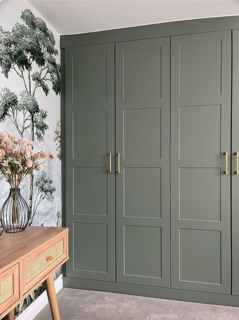 Green Fitted Wardrobes Bedroom, Sage Closet Door, Built In Shaker Wardrobes, 4 Door Wardrobe Design Bedroom, Sage Wardrobe Doors, Green Dressing Room Ideas, Panelled Fitted Wardrobes, Walk In Closet Green, Bedroom Inspirations Built In Wardrobes