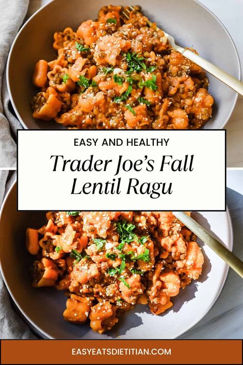 Trader Joe's Fall Lentil Ragu Trader Joes Cooked Lentil Recipes, Easy Lentil Dinner Recipes, Lentil Recipes Trader Joes, Trader Joes Pumpkin Pasta Recipe, Trader Joe Vegetarian Recipes, Lentil Dinner Recipes Healthy, Trader Joe’s Steamed Lentils Recipes, Recipes With Trader Joe’s Lentils, Green Lentil Recipes Healthy