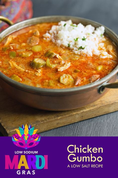 Mardi Gras is coming up and just because you eat low salt, doesn't mean you have to miss out. Here is a recipe for a low sodium gumbo that is stright out of the French Quarter! Sodium Free Recipes, Easy Low Sodium Recipes, High Blood Pressure Diet Meals, Low Sodium Recipes Heart, Low Sodium Soup, Renal Recipes, Heart Healthy Recipes Low Sodium, Low Salt Recipes, Chicken Gumbo