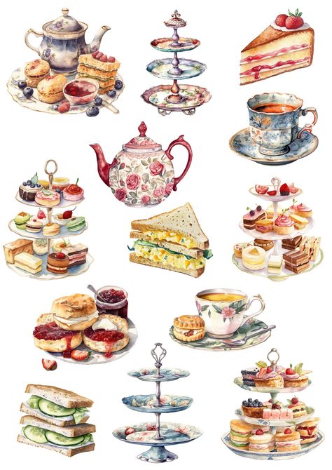 Afternoon Tea Clipart 13 High Quality Jpgs White & - Etsy Tea Time Illustration Vintage Art Prints, Afternoon Tea Drawing, High Tea Illustration, Tea Party Illustration Drawings, Tea Time Drawing, Afternoon Tea Illustration, Tea Party Drawing, Teacup Drawing, Tea Party Illustration