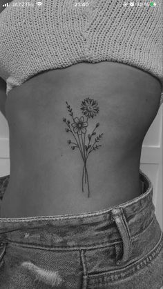 Small Under Arm Tattoo For Women, Flower Tattoo With Stem Writing, Flower Bouquet Tattoo On Side, Bouquet Of Flowers Tattoo On Back, Dainty Wildflower Tattoo Ribs, Small Tattoos On Side Of Ribs, Side Flower Tattoos Women Rib Cage, Cutest Tattoos For Women, Punchy Western Thigh Tattoos