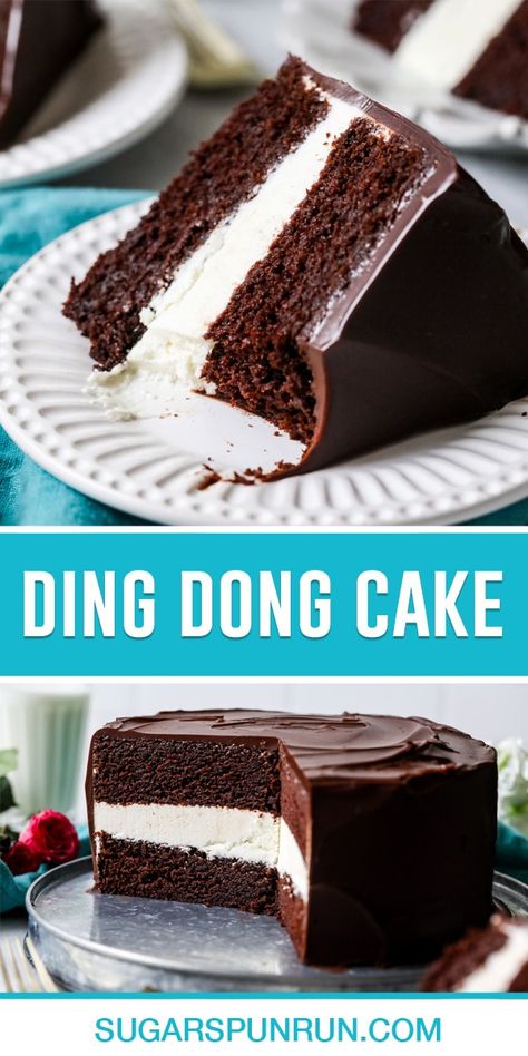 This ding dong cake is like a giant version of the sweet snack cake! It's made with rich chocolate cake layered with a creamy filling and a chocolate ganache topping. Recipe includes a how-to video! Chocolate Lovin Spoon Cake Recipe, Hostess Cake Ideas, Ding Dog Cake, Ms Trunchbull Chocolate Cake, Fudgy The Whale Cake Recipe, Chocolate Hoho Cake, Ring Ding Cake Recipe, Four Layer Chocolate Cake, Chocolate Cake With Jello Pudding