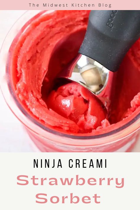 Ninja Creami strawberry sorbet is the perfect summer treat! This sweet and creamy frozen dessert is a healthy treat made with 3 ingredients - strawberries, lemon juice, and cane sugar, inside your ninja creami ice cream machine. Ninja Ice Cream Sorbet, Ninja Creami Sugar Free Sorbet, Healthy Ninja Creami Fruit, Ninja Creami Recipes Using Frozen Fruit, Ninja Creami Strawberry Sorbet Recipes, Raspberry Sorbet Ninja Creami, Ninja Creami Raspberry Sorbet, Ninja Creami Frozen Fruit, Italian Ice Ninja Creami