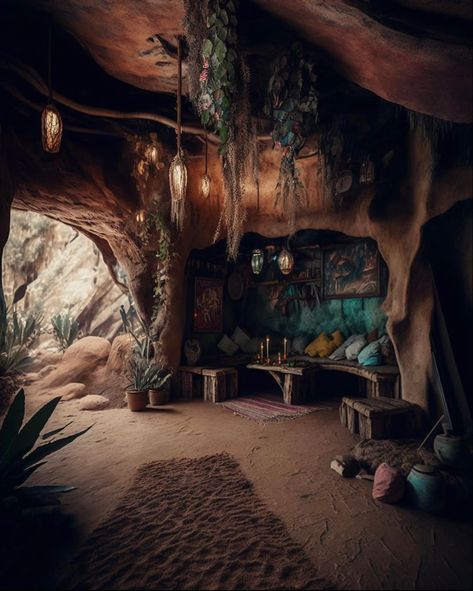 Cave Home Aesthetic, Fantasy Cave Home, Cave House Fantasy Art, Cave Hideout Concept Art, Fantasy Cave Home Concept Art, Fantasy Cave Concept Art, Cave Interior Concept Art, Cave Camping, Mountain Caves Fantasy Art