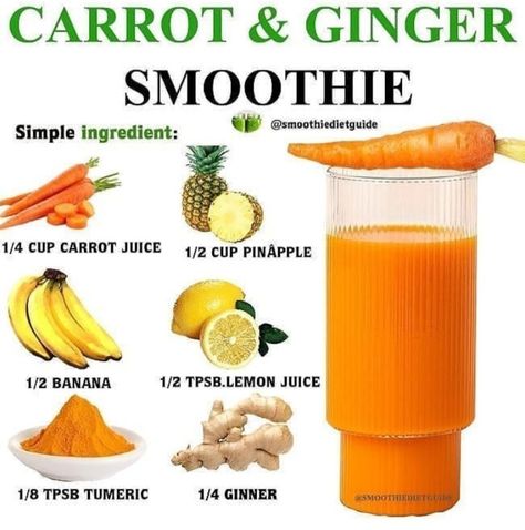 Carrot Ginger Smoothie, Ginger Smoothie Recipes, Easy Healthy Smoothie Recipes, Healthy Diet Smoothies, Carrot Smoothie, Healthy Juice Drinks, Fruit Smoothie Recipes Healthy, Easy Healthy Smoothies, Smoothie Recipes Healthy Breakfast