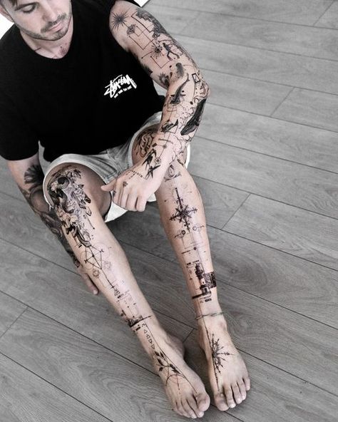 Fine Line Tattoo Leg Sleeve, Fine Line Shin Tattoo, Tatos Men, Fine Line Leg Sleeve, Fine Line Tattoo Leg, Mens Fine Line Tattoos, Linework Tattoo Men, Fine Line Leg Tattoo, Shin Tattoo Men