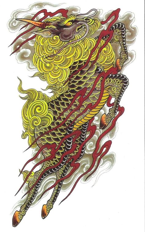 Japanese Kirin Tattoo, Kirin Tattoo, Yakuza Tattoo, Kunst Tattoos, Flame Tattoos, Fu Dog, Irezumi Tattoos, Traditional Japanese Tattoos, Asian Tattoos