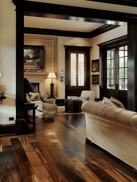 What Color Flooring Goes With Dark Trim? Dark Brown Crown Molding, Brown Painted Trim Interior, Hardwood Floor And Paint Combinations, Living Rooms With Dark Wood Trim, Living Room With Dark Wood Trim, Black Stained Trim, Dark Wood Trim Kitchen, Dark Wood Floor Color Schemes, Dark Wood White Walls