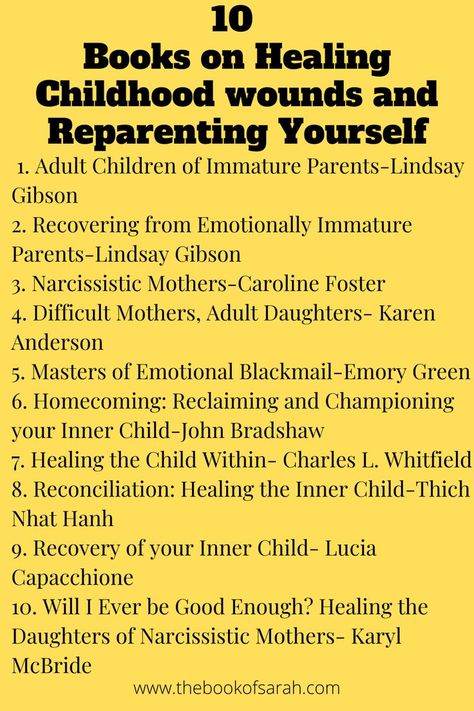 10 books on healing childhood inner wounds and reparenting yourself 
1. Adult Children of Immature Parents
2. Recovering from Emotionally Immature Parents 
3. Narcissistic Mothers 
4. Difficult Mothers, Adult Daughters 
5. Masters of Emotional Blackmail 
6. Homecoming: Reclaiming and Championing Inner Child 
7. Healing the Child Within 
8. reconciliation: Healing the Inner Child 
9. Recovery of your Inner Child 
10. Will I Ever Be Good Enough? Healing the Daughters of  narcissistic Mothers Books On Healing, Healing Childhood Wounds, Reparent Yourself, Reparenting Yourself, Healing Childhood, Childhood Wounds, Healing Journaling, Healing Books, Best Self Help Books